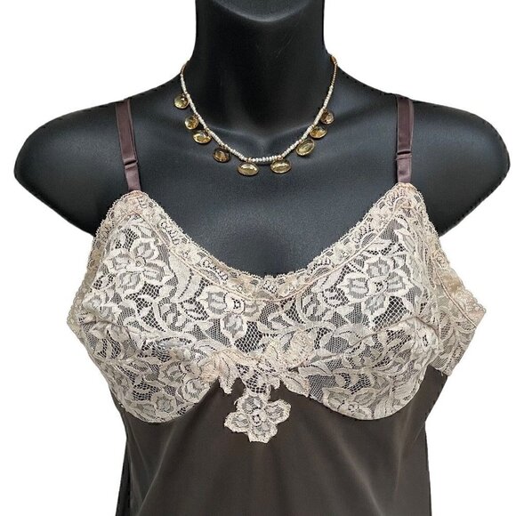 Pantone Mocha Brown VTG 60s Slip Dress Floral Lace Women’s 10 Sleeveless Fairy - Picture 3 of 10